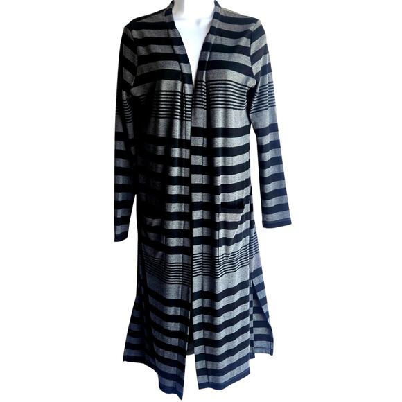 Peyton Jensen Jenny Black and Gray Striped Open Front Duster Cardigan Size M - Picture 1 of 9